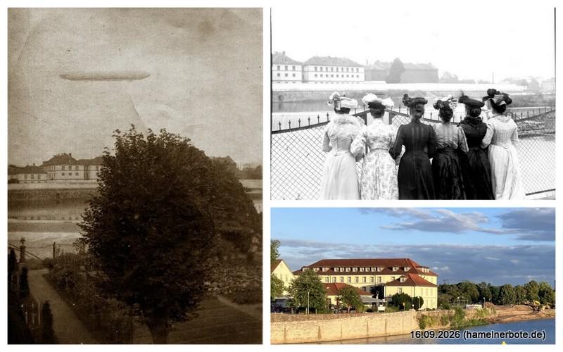 Collage - zwei historische Fotos vom Zuchthaus Hameln und ein aktuelles.
